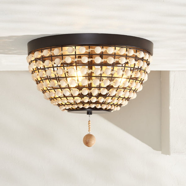 Safavieh BOLSON, 3-Light Flush Mount Light Fixture in Bronze/Natural Metal/Wood, Modern-Rustic Elegance FLU4099A