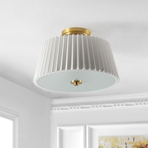 Safavieh LARLON, 3-Light Flush Mount Ceiling Fixture, 16-Inch White Fabric & Gold Design for Elegant Spaces FLU4100A