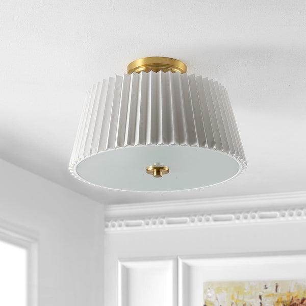 Safavieh LARLON, 3-Light Flush Mount Ceiling Fixture, 16-Inch White Fabric & Gold Design for Elegant Spaces FLU4100A