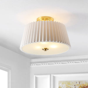 Safavieh LARLON, 3-Light Flush Mount Ceiling Fixture, 16-Inch White Fabric & Gold Design for Elegant Spaces FLU4100A