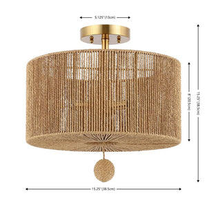 Safavieh SOLMAZ, 3-Light Flush Mount Light Fixture - Natural Paper Rope & Gold Iron for Ambient Illumination FLU4103A