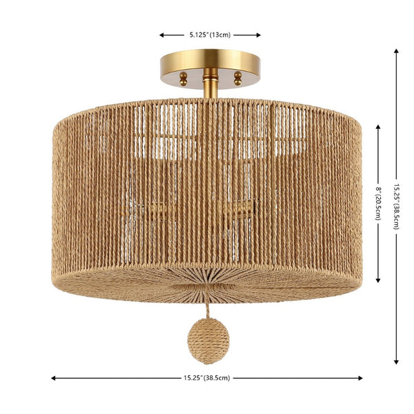 Safavieh SOLMAZ, 3-Light Flush Mount Light Fixture - Natural Paper Rope & Gold Iron for Ambient Illumination FLU4103A