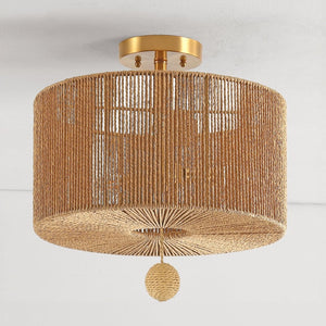 Safavieh SOLMAZ, 3-Light Flush Mount Light Fixture - Natural Paper Rope & Gold Iron for Ambient Illumination FLU4103A