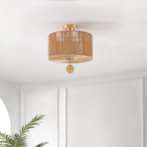 Safavieh SOLMAZ, 3-Light Flush Mount Light Fixture - Natural Paper Rope & Gold Iron for Ambient Illumination FLU4103A