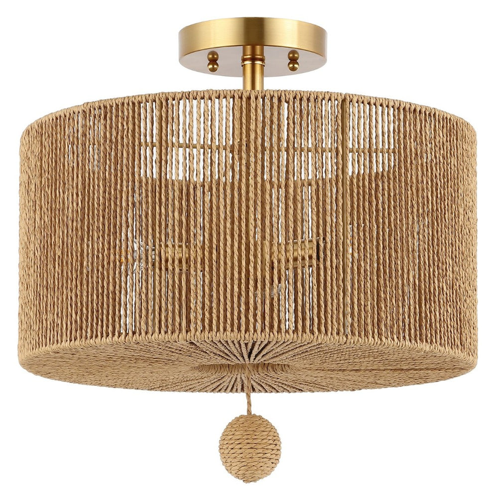 Safavieh SOLMAZ, 3-Light Flush Mount Light Fixture - Natural Paper Rope & Gold Iron for Ambient Illumination FLU4103A