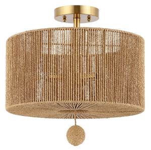 Safavieh SOLMAZ, 3-Light Flush Mount Light Fixture - Natural Paper Rope & Gold Iron for Ambient Illumination FLU4103A