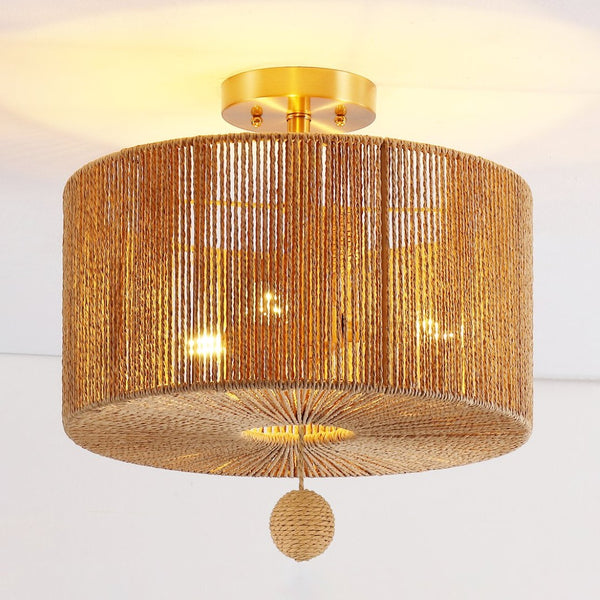 Safavieh SOLMAZ, 3-Light Flush Mount Light Fixture - Natural Paper Rope & Gold Iron for Ambient Illumination FLU4103A
