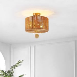 Safavieh SOLMAZ, 3-Light Flush Mount Light Fixture - Natural Paper Rope & Gold Iron for Ambient Illumination FLU4103A