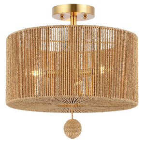 Safavieh SOLMAZ, 3-Light Flush Mount Light Fixture - Natural Paper Rope & Gold Iron for Ambient Illumination FLU4103A