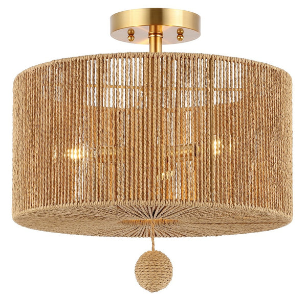 Safavieh SOLMAZ, 3-Light Flush Mount Light Fixture - Natural Paper Rope & Gold Iron for Ambient Illumination FLU4103A