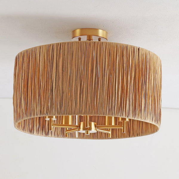 Safavieh SELAH, 5-Light Flush Mount, 20" Natural Paper & Gold Iron Design for Stylish Ambient Illumination FLU4104A