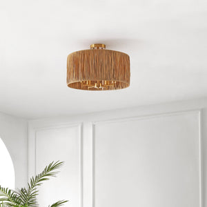 Safavieh SELAH, 5-Light Flush Mount, 20" Natural Paper & Gold Iron Design for Stylish Ambient Illumination FLU4104A