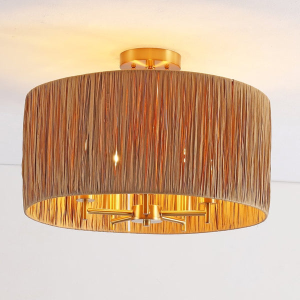 Safavieh SELAH, 5-Light Flush Mount, 20" Natural Paper & Gold Iron Design for Stylish Ambient Illumination FLU4104A