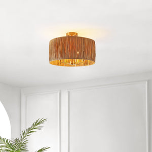 Safavieh SELAH, 5-Light Flush Mount, 20" Natural Paper & Gold Iron Design for Stylish Ambient Illumination FLU4104A