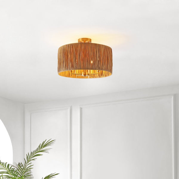 Safavieh SELAH, 5-Light Flush Mount, 20" Natural Paper & Gold Iron Design for Stylish Ambient Illumination FLU4104A