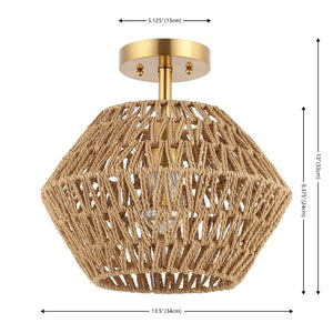 Safavieh RAJA, 13.5 Inch Natural Paper Rope & Gold Iron Flush Mount for Ambient Light in Any Space FLU4105A