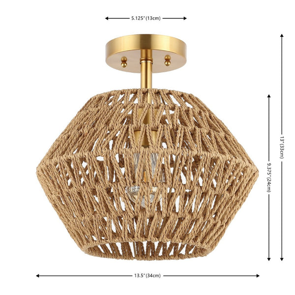 Safavieh RAJA, 13.5 Inch Natural Paper Rope & Gold Iron Flush Mount for Ambient Light in Any Space FLU4105A