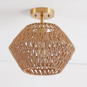 Safavieh RAJA, 13.5 Inch Natural Paper Rope & Gold Iron Flush Mount for Ambient Light in Any Space FLU4105A