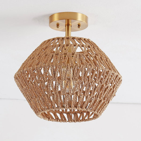 Safavieh RAJA, 13.5 Inch Natural Paper Rope & Gold Iron Flush Mount for Ambient Light in Any Space FLU4105A