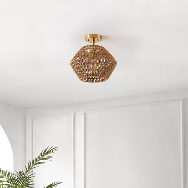 Safavieh RAJA, 13.5 Inch Natural Paper Rope & Gold Iron Flush Mount for Ambient Light in Any Space FLU4105A