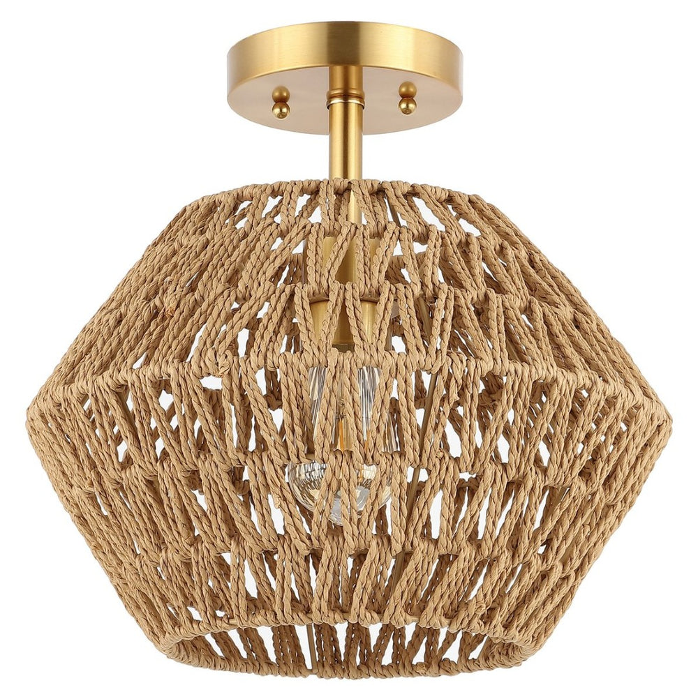 Safavieh RAJA, 13.5 Inch Natural Paper Rope & Gold Iron Flush Mount for Ambient Light in Any Space FLU4105A