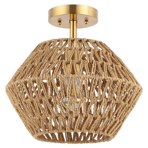Safavieh RAJA, 13.5 Inch Natural Paper Rope & Gold Iron Flush Mount for Ambient Light in Any Space FLU4105A