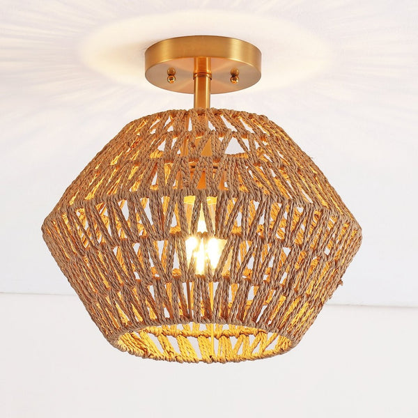 Safavieh RAJA, 13.5 Inch Natural Paper Rope & Gold Iron Flush Mount for Ambient Light in Any Space FLU4105A