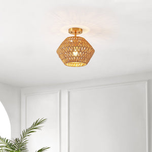 Safavieh RAJA, 13.5 Inch Natural Paper Rope & Gold Iron Flush Mount for Ambient Light in Any Space FLU4105A