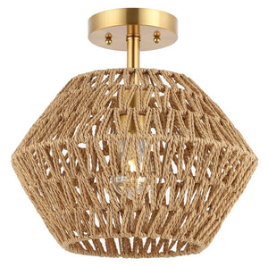 Safavieh RAJA, 13.5 Inch Natural Paper Rope & Gold Iron Flush Mount for Ambient Light in Any Space FLU4105A
