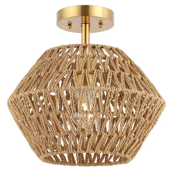 Safavieh RAJA, 13.5 Inch Natural Paper Rope & Gold Iron Flush Mount for Ambient Light in Any Space FLU4105A