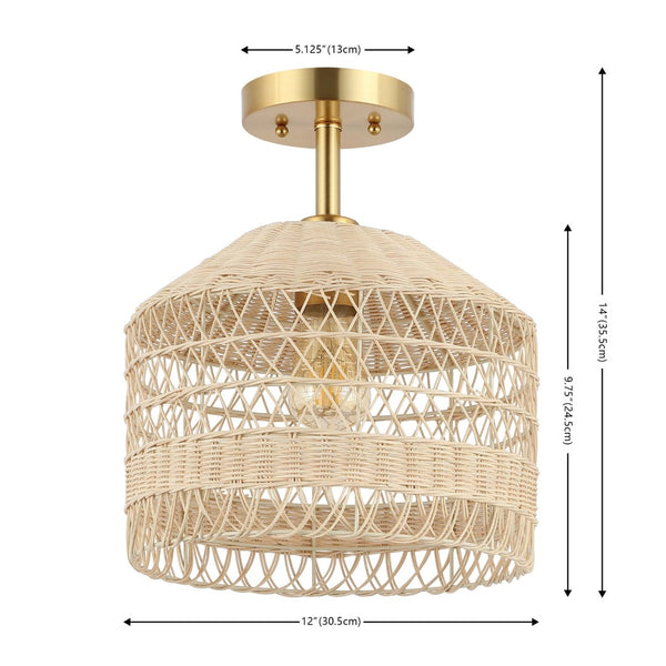 Safavieh NOYUNA, 12-Inch Light Natural Rattan & Gold Iron Flush Mount Light for Cozy Home Illumination FLU4107A
