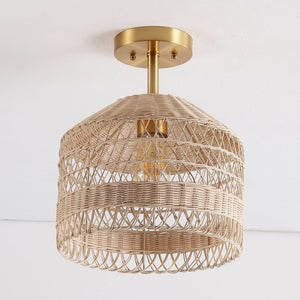 Safavieh NOYUNA, 12-Inch Light Natural Rattan & Gold Iron Flush Mount Light for Cozy Home Illumination FLU4107A