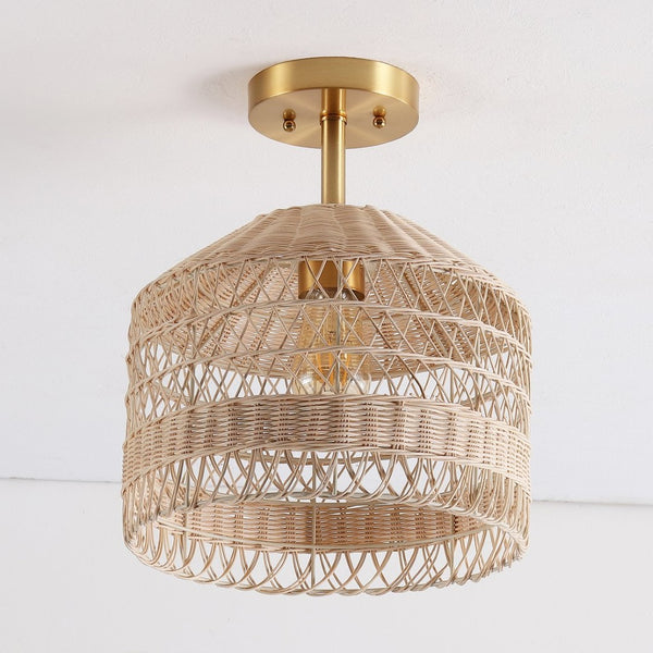 Safavieh NOYUNA, 12-Inch Light Natural Rattan & Gold Iron Flush Mount Light for Cozy Home Illumination FLU4107A