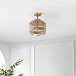 Safavieh NOYUNA, 12-Inch Light Natural Rattan & Gold Iron Flush Mount Light for Cozy Home Illumination FLU4107A