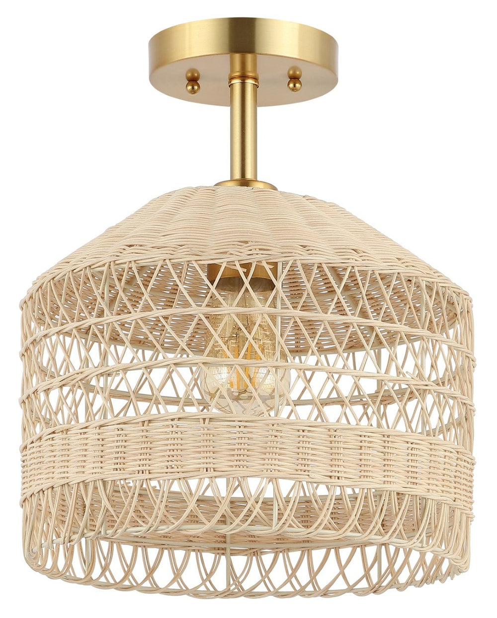 Safavieh NOYUNA, 12-Inch Light Natural Rattan & Gold Iron Flush Mount Light for Cozy Home Illumination FLU4107A