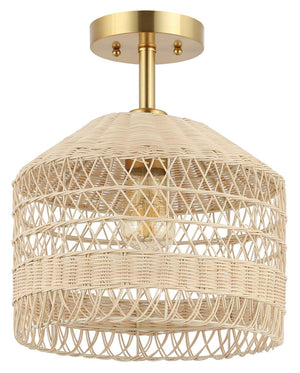 Safavieh NOYUNA, 12-Inch Light Natural Rattan & Gold Iron Flush Mount Light for Cozy Home Illumination FLU4107A