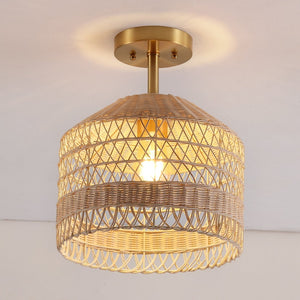 Safavieh NOYUNA, 12-Inch Light Natural Rattan & Gold Iron Flush Mount Light for Cozy Home Illumination FLU4107A