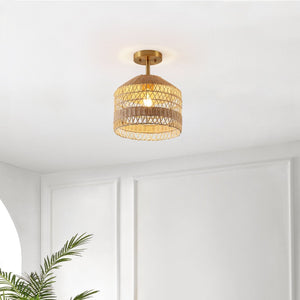 Safavieh NOYUNA, 12-Inch Light Natural Rattan & Gold Iron Flush Mount Light for Cozy Home Illumination FLU4107A