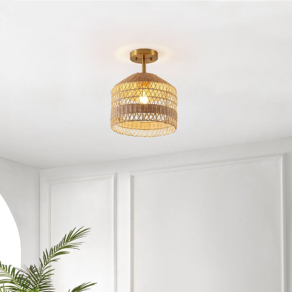 Safavieh NOYUNA, 12-Inch Light Natural Rattan & Gold Iron Flush Mount Light for Cozy Home Illumination FLU4107A