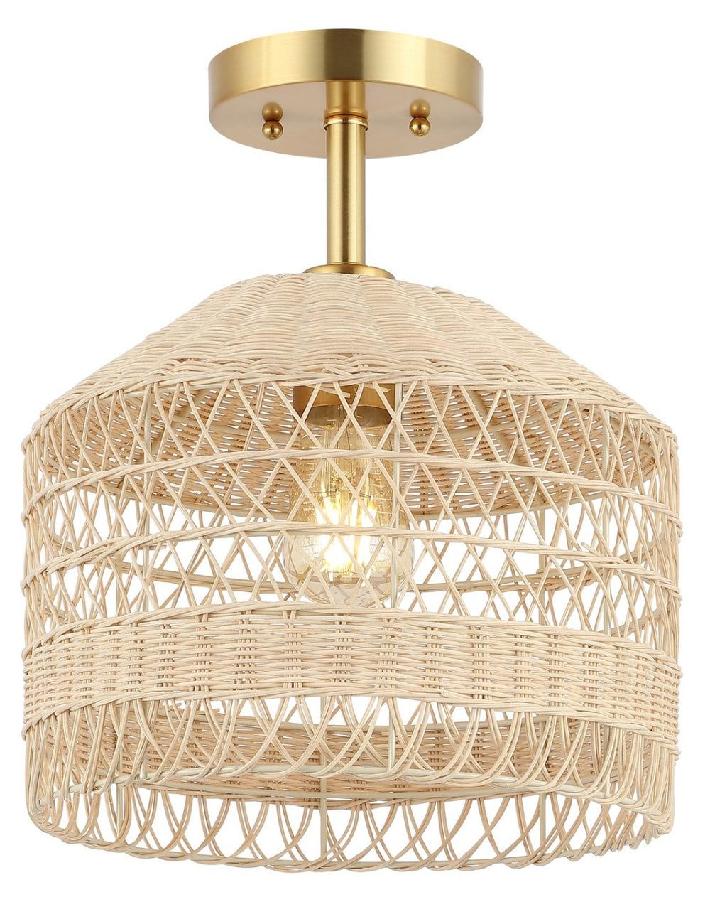 Safavieh NOYUNA, 12-Inch Light Natural Rattan & Gold Iron Flush Mount Light for Cozy Home Illumination FLU4107A