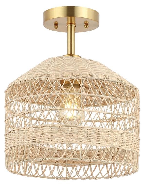 Safavieh NOYUNA, 12-Inch Light Natural Rattan & Gold Iron Flush Mount Light for Cozy Home Illumination FLU4107A