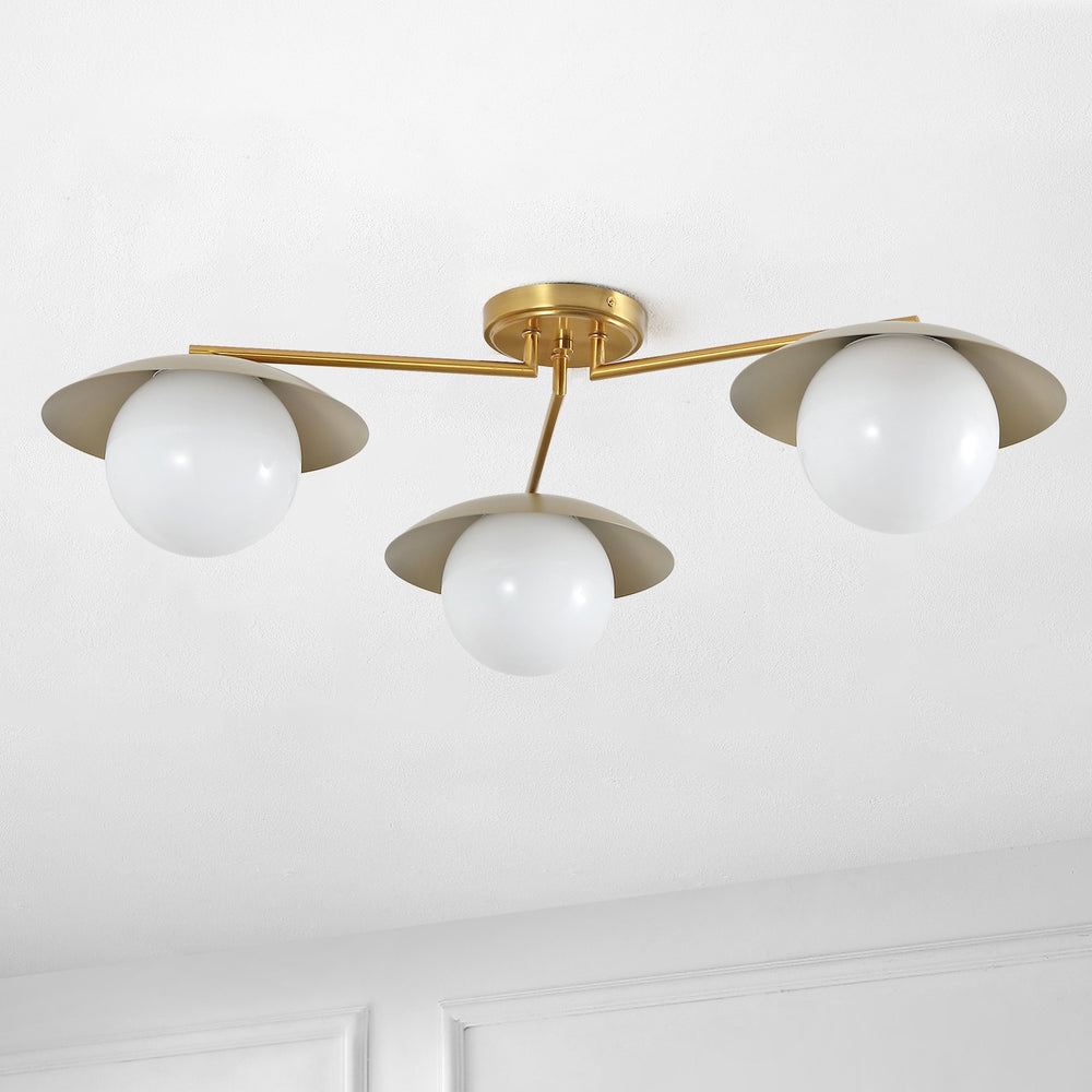 Safavieh Kylo, 32" 3-Light Brass Flush Mount With Glass Shade — Transitional Iron Body For Warm Ambient Glow FLU4119A