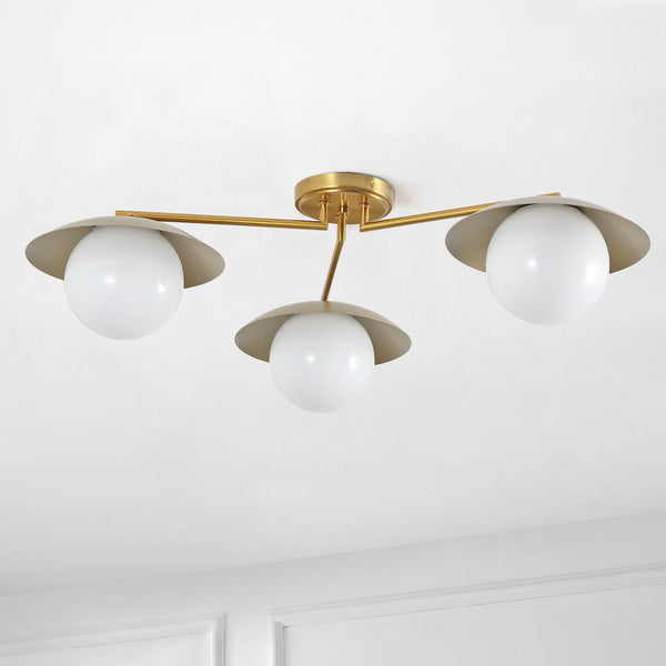 Safavieh Kylo, 32" 3-Light Brass Flush Mount With Glass Shade — Transitional Iron Body For Warm Ambient Glow FLU4119A