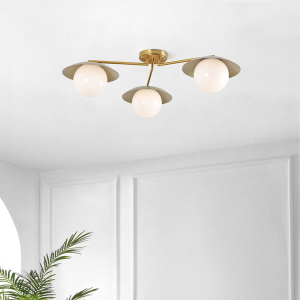 Safavieh Kylo, 32" 3-Light Brass Flush Mount With Glass Shade — Transitional Iron Body For Warm Ambient Glow FLU4119A