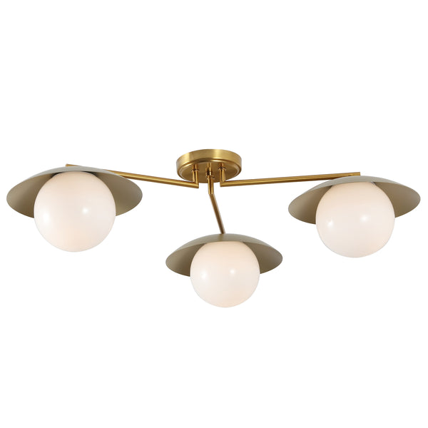 Safavieh Kylo, 32" 3-Light Brass Flush Mount With Glass Shade — Transitional Iron Body For Warm Ambient Glow FLU4119A