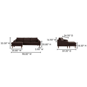 Moe's Home Quinn 98in Sectional Sofa With Reversible Chaise Ottoman For Versatile Living Space Comfort Brown Upholstery, Recycled 100% Polyester,Frame, Mdf,Plywood,Pine Fo-1005-20