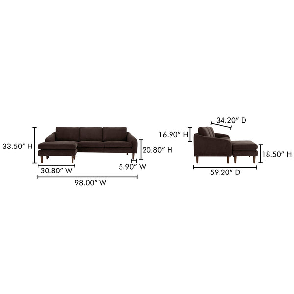 Moe's Home Quinn 98in Sectional Sofa With Reversible Chaise Ottoman For Versatile Living Space Comfort Brown Upholstery, Recycled 100% Polyester,Frame, Mdf,Plywood,Pine Fo-1005-20