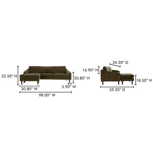 Moe's Home Quinn 98in Sectional Sofa With Reversible Chaise Ottoman For Versatile Living Space Comfort Green Upholstery, Recycled 100% Polyester,Frame, Mdf,Plywood,Pine Fo-1005-27