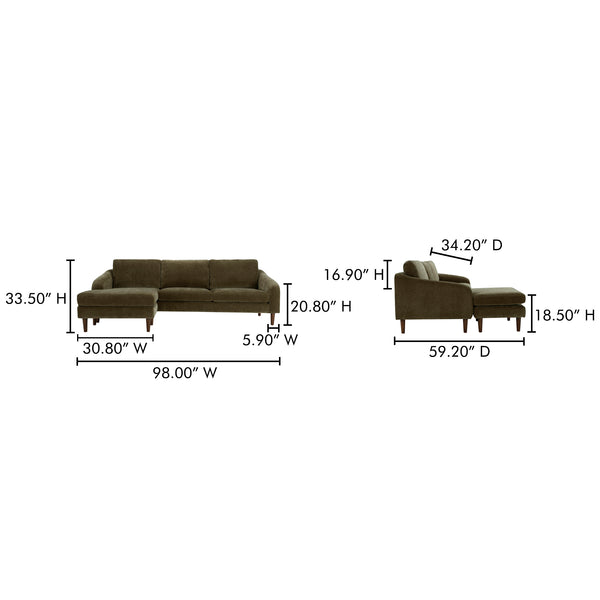 Moe's Home Quinn 98in Sectional Sofa With Reversible Chaise Ottoman For Versatile Living Space Comfort Green Upholstery, Recycled 100% Polyester,Frame, Mdf,Plywood,Pine Fo-1005-27