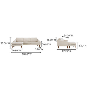 Moe's Home Quinn 98in Sectional Sofa With Reversible Chaise Ottoman For Versatile Living Space Comfort Beige Upholstery, Recycled 100% Polyester,Frame, Mdf,Plywood,Pine Fo-1005-34